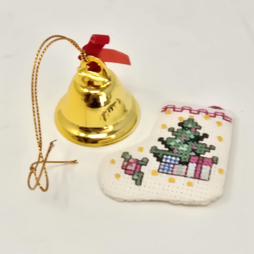 Vintage brass bell and fabric stocking ornament Japan holiday décor - Picture 2 of 7